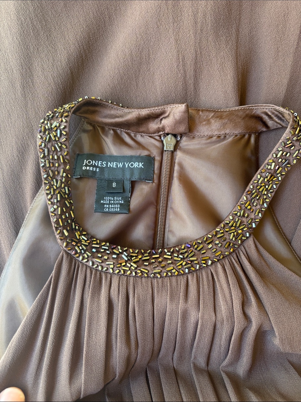Vintage Y2K Silk Beaded Brown Formal Long Dress Gala Party Special Occasion Cute - Picture 10 of 17